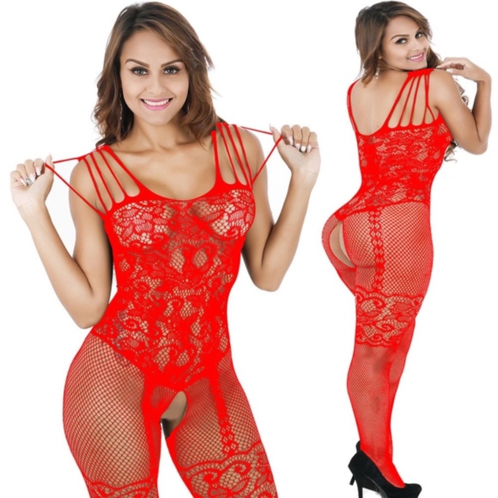 RED Fishnet Bodystocking. Crotchless Romper. Mesh Play suit. Fits S to XXXL